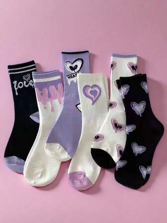 5 Pairs Women's Fashion Heart Pattern Mid-Calf Socks (Random Delivery)