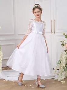 Tween Girls Elegant Lace Long Sleeve Princess Party Dress, Suitable For Communion, Bridesmaid, Wedding, Birthday, Graduation Ceremony, Performance - White - View 4