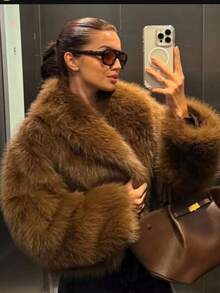 TRAFZA 女款冬季人造毛皮草百搭高端蓬松都市风格辣味豹纹夹克 - 棕色 - 查看 2