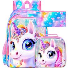 3 pièces Sac à dos pour enfants, sac à dos et boîte à lunch licorne de 16 po pour filles, avec un motif mignon de licorne et de papillon - Sac à dos - Voir 1