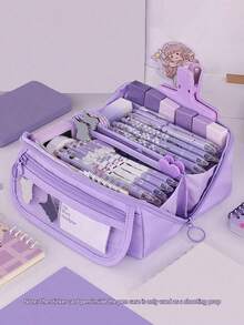 1pc Large Capacity Multi-Functional Pencil Case, With Desktop Storage Compartment, Durable Polyester Material, Unisex, Portable Desktop Organizer Box, Multi-Layer Design, Can Store Pens, Pencils, Markers And Other Stationery, Ideal Back-To-School Gift - Multicolor - View 15