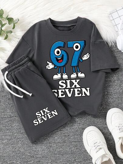 Tween Boy Cartoon Graphic Print Crew Neck Short Sleeve T-Shirt And Shorts Set