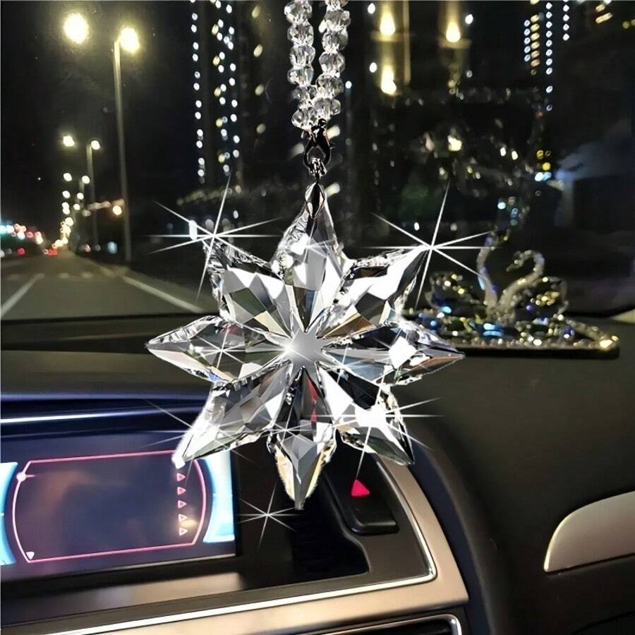 1pc Car Hanging Crystal Snowflake Ornament, Elegant And Dynamic Movement Brings Winter Romance To The Car Interior - Clear - View 1