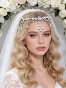 Bridal Wedding Crystal Glass Fairy Tassel Headpiece, High-End; European & American Style Forehead Chain Water Drop Headband - Multicolor - View 2