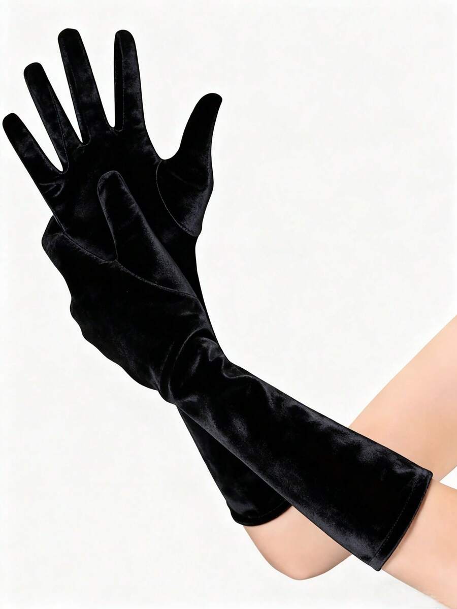 1 Pair Women's Black Velvet Gloves, Sexy For Evening Party And Ball - Black Mid-length - View 1