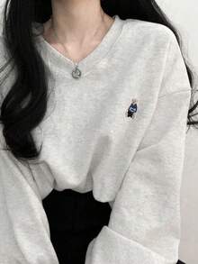 Pullover holgado de manga larga con gráfico de dibujos animados y hombros caídos - Gris Claro - Ver 6