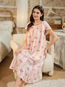 Vestido de dormir rosa con estampado de rayas y flores, volantes en el bajo y lazo decorativo - Rosa Fucsia - Ver 6