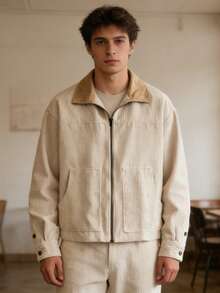 Men's Retro Corduroy Jacket-Loose Lapel Collar Casual Workwear Outerwear Coat - Màu Khaki - Xem 1