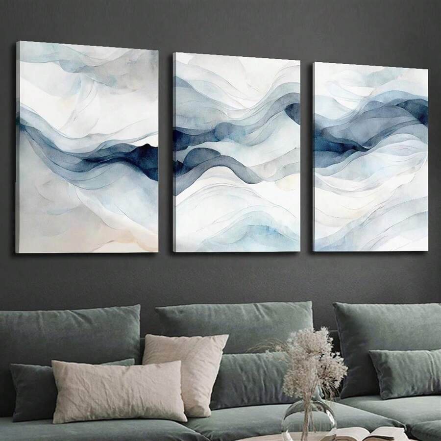3幅水彩油画帆布印刷墙面艺术海报,水墨风格装饰画,极简主义,海军蓝壁画帆布,渐变艺术,室内家居墙面装饰,无框 - 彩色 - 查看 1