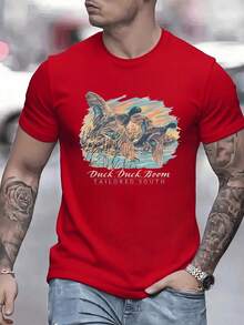 Wild Ducks Flying Over A Wetland Landscape At Sunset With Golden And Blue Reflections Creating A Feeling Of Freedom And Connection With Nature. Men's T-Shirt, 100% Cotton, 220g - 紅色 - 查看 1