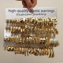1-40 Pairs Bestselling Fashion Accessories, Gold, Multiple Styles. These Earrings Are Made Of High-Quality Plastic, With Shapes Including C-Shape, Teardrop, Textured, Striped, And Heart. A Set Can Meet All Your Daily Commute Wearing Needs. Mother's Day Fashion Earrings Set For Women - Gold - View 1