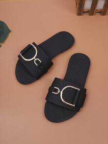 1双夏季新款条纹金扣凉鞋，女童时尚休闲露趾沙滩度假拖鞋，儿童休闲防滑平底凉鞋 - 黑色 - 查看 3