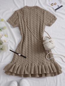 Women's Cute Retro Solid Color Round Neck Short Sleeve Ruffle Hem Fitted Textured Knit Dress, Minimalist Style, Suitable For Casual Daily Wear In Summer And Autumn - Khaki - View 2