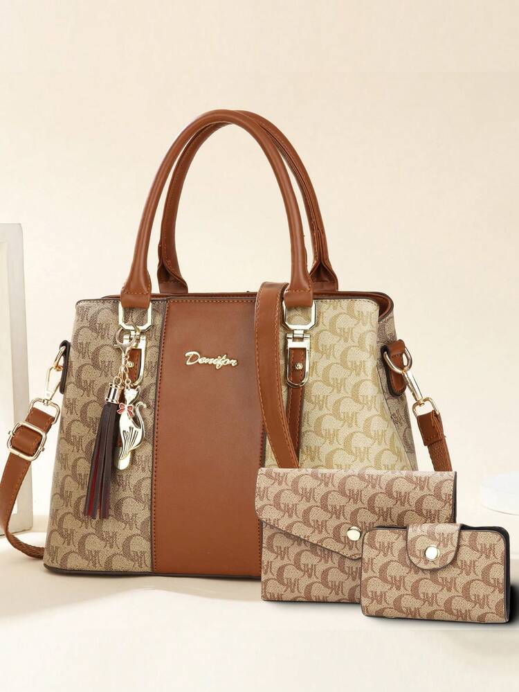 Set de 3 bolsos de mujer bordados - Estampado geométrico elegante, material de piel sintética y embrague - Marrón - Añade 2