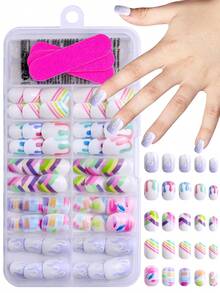 NAIO 120pcs/Set Y2K Stylish Children's Nail Stickers, Acrylic Material, Pre-Coated Gel, Full Coverage, Shiny Cute Patterns Including Rainbow, Stripes, Flames, Liquid And Gradient Doodle Elements, Short-Adhesive Nail Stickers, Comes With 3pcs Jelly Gel And 3pcs Nail Files, Suitable For Little Girls - Adorable Colorful Theme.