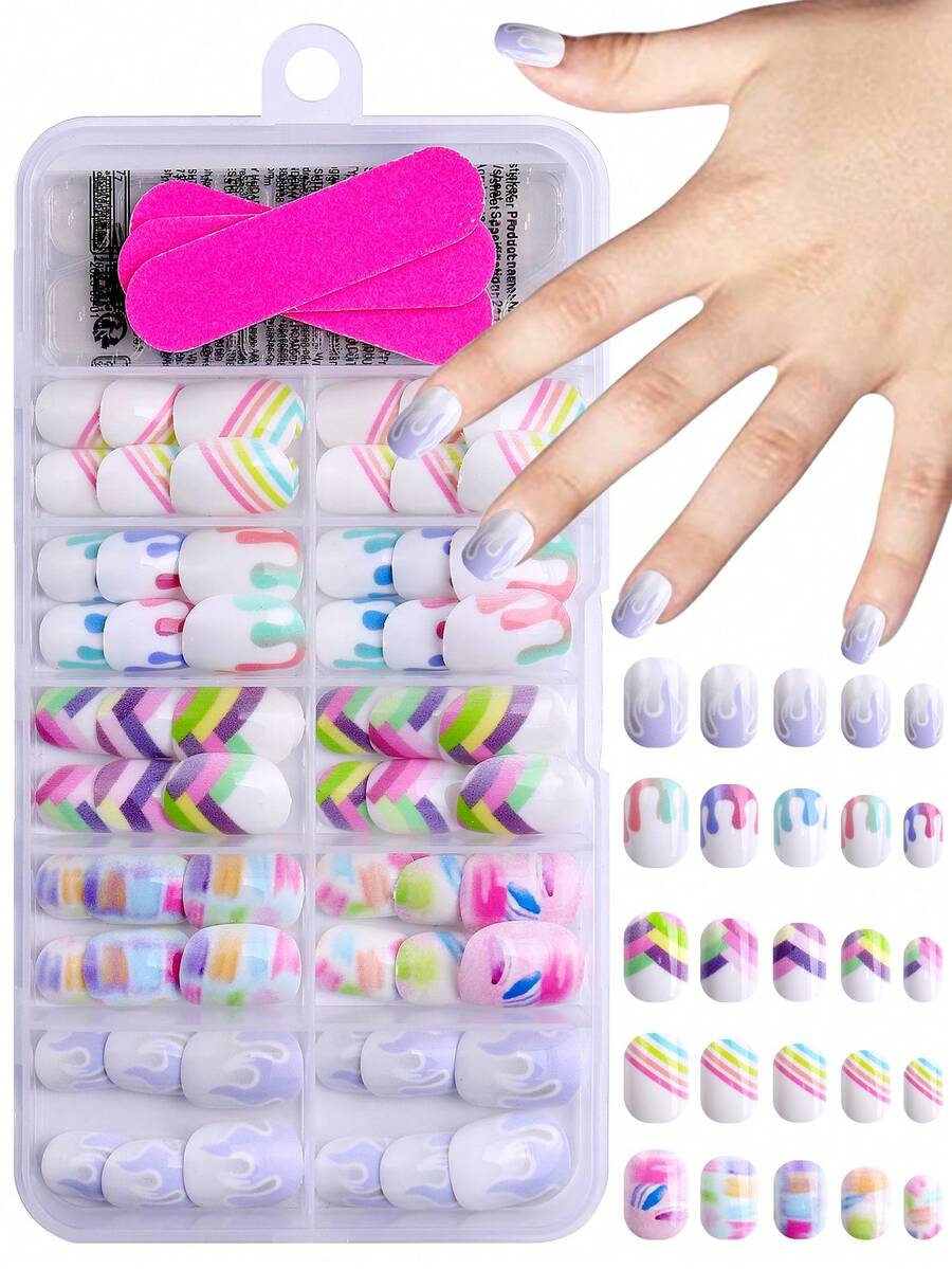 NAIO 120pcs/Set Y2K Stylish Children's Nail Stickers, Acrylic Material, Pre-Coated Gel, Full Coverage, Shiny Cute Patterns Including Rainbow, Stripes, Flames, Liquid And Gradient Doodle Elements, Short-Adhesive Nail Stickers, Comes With 3pcs Jelly Gel And 3pcs Nail Files, Suitable For Little Girls - Adorable Colorful Theme.