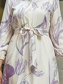 SuofeiMan Women's Elegant Floral Print Elastic Waist Ruffle Hem Arabic Style Dress, Suitable For Casual, Travel, Holiday, Vacation Or Party Occasions - Purple - View 5