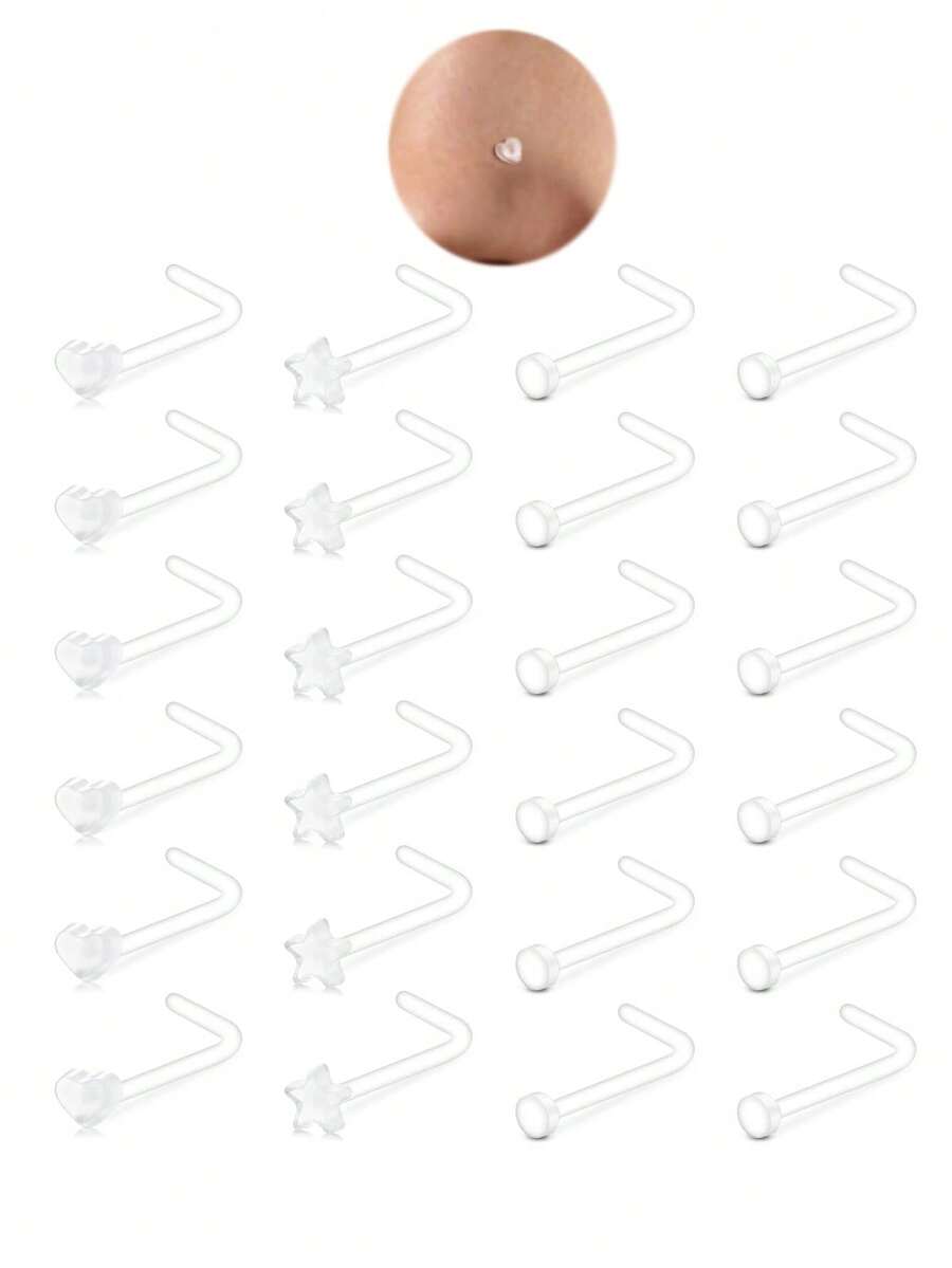 24pcs 18g 20g Clear Nose Studs Clear Nose Rings For Work Straight Plastic Piercing Retainers For Surgery Sport School Small Tiny Invisible Nostril Piercing Pin Spacers Cover Retainer Star Heart - Multicolor - View 1