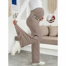 Umstandshose in Große Größen mit hoher Taille, braun-weiß gestreift, elastisch, weites Bein, hoher Bund mit Bauchunterstützung, bequem und atmungsaktiv, geeignet für Lässig- und Büromode im Frühling - Braun - Übersicht 11