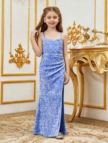 Tween Girl Mermaid Hem Sequined Cami Formal Dress - Blue - View 5
