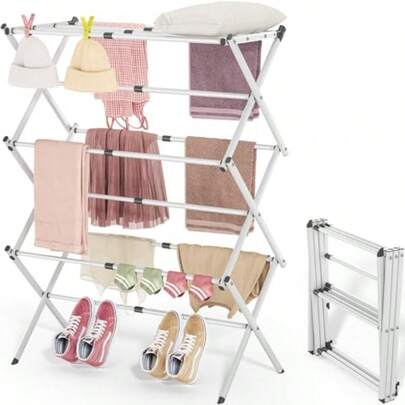 3-Tier Laundry Drying Rack Expandable Metal Clothes Dryer Collapsible Towel Rack Air Drying Rack Indoor/Outdoor Use White