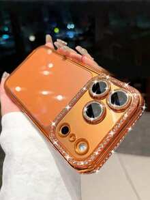 1 PIEZA Funda de teléfono transparente con rhinestones de lujo con baño de metal compatible con iPhone 17 Pro Max, 17 Pro, 16, 15, 14, 13, 12 Pro Max, 14, 15, 16 Plus, 11, 17, 13 con protección de lente brillante - Naranja - Ver 1
