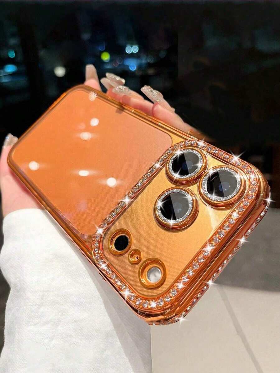 1 PIEZA Funda de teléfono transparente con rhinestones de lujo con baño de metal compatible con iPhone 17 Pro Max, 17 Pro, 16, 15, 14, 13, 12 Pro Max, 14, 15, 16 Plus, 11, 17, 13 con protección de lente brillante - Naranja - Ver 1