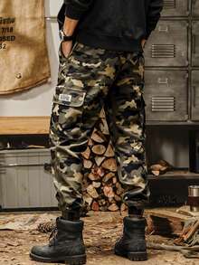 Men's Casual Camouflage Cargo Pants, 100% Polyester Non-Stretch Woven Fabric, Regular Fit, With Drawstring Waist And Flap Pockets, Outdoor Work Trousers Spring - Khaki - View 2