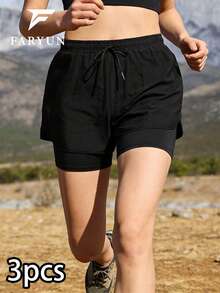 女士户外二合一短裤，纯色简约休闲抽绳设计，适合户外露营、跑步 - 黑色 - 查看 10