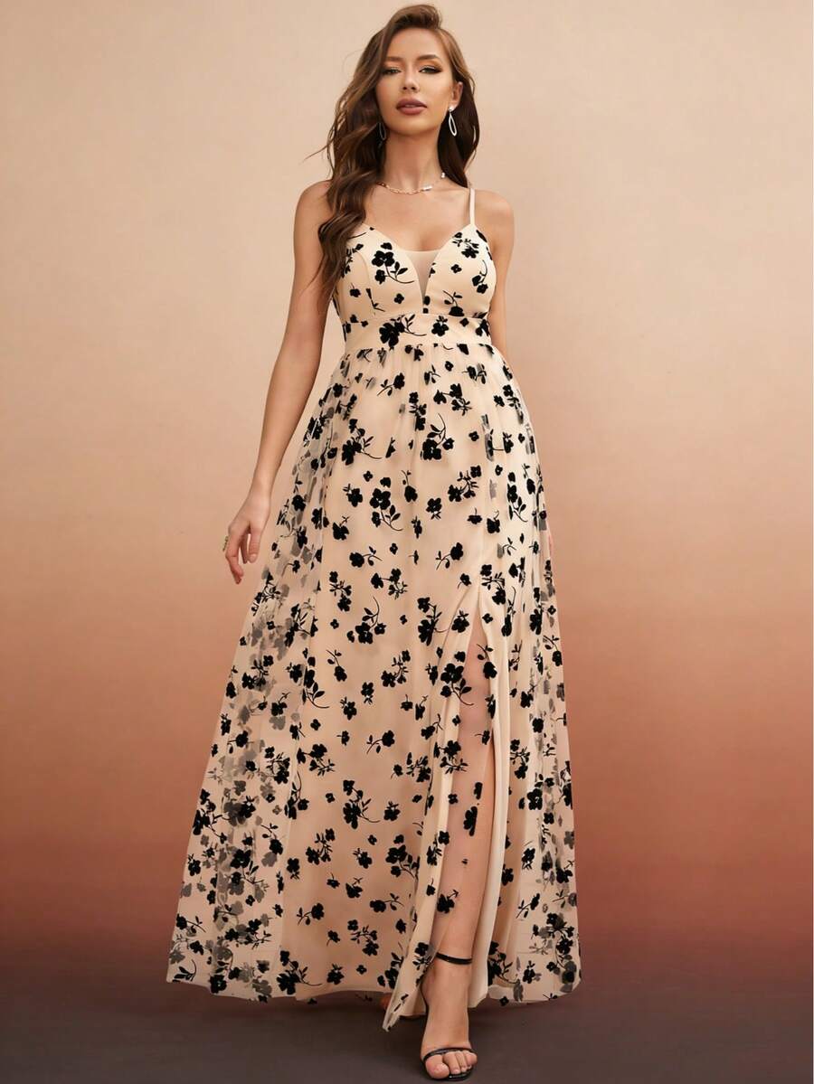 UNITHORSE 【随机剪裁】细肩带收腰开衩连衣裙 - 彩色 - 查看 1