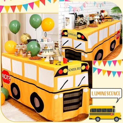 1 Piece Digital Printed School Bus Themed Tablecloth, First Day Of School Party Table Cover, Birthday Decoration, Washable Polyester Fabric, Rectangular Table Protector, School Bus Themed Party & Birthday Decor Supplies