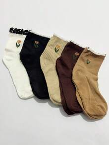 5 perechi de șosete pentru femei, în stil japonez, cu dantelă, în culori solide, model floral cu lalele, versatile pentru toamnă/iarnă, potrivite pentru asortarea zilnică a modei - Multicolor - Vizualizare 3