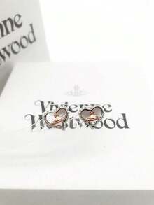 Vivienne Westwood 1pc Petra Brass Heart Rhinestone Earrings, Fashionable & Elegant Versatile Stud Earrings - Silver - View 9