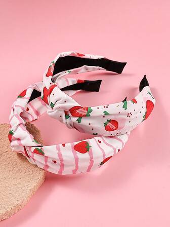 2pcs Women's Pink Sweet Strawberry Print Satin Headband, Daily Decor Wide Knotted Hair Hoop, Suitable As Gift For Women, Party, Mother's Day, Valentine's Day