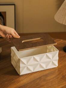 Bohemian Style Plum Blossom Pattern Covered Tissue Box - Multifunctional Napkin Paper Box, Wet Wipe Storage Box, And Garbage Bag Organizer, Plastic Rectangular With Wooden Lid Design, Suitable For Multi Scene Storage Of Decorative Hygiene Products Throughout The House - Multicolor - View 6