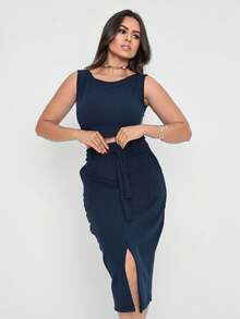 Women's Set: Midi Skirt And Cropped Top - Navy Blue - View 3