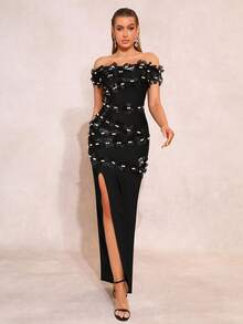 New Heavy Industry Women's Sexy Pink Off Shoulder Sleeves Single Neck Luxury Pearl 3D Flower Decoration Wedding Bridesmaid Dress Tight Wrapped Long Dress Women's Formal Banquet Party Dress - Black - View 5