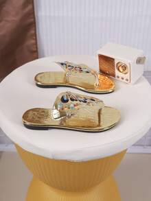 1 Pair Girls' Fashion Casual Embroidered Butterfly Flat Slip-On Sandals, Comfortable For Spring/Summer - Gold - View 3