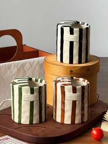 1pc Vertical Striped Ceramic Handled Coffee Mug, Asymmetric Shaped Ceramic Cup, Minimalist European Style, Handmade High Aesthetic Tea Cup, Coffee Mug, Multipurpose, Insulated, Suitable For Home, Restaurant, Cafe, Party And Gift - Multicolor - View 1