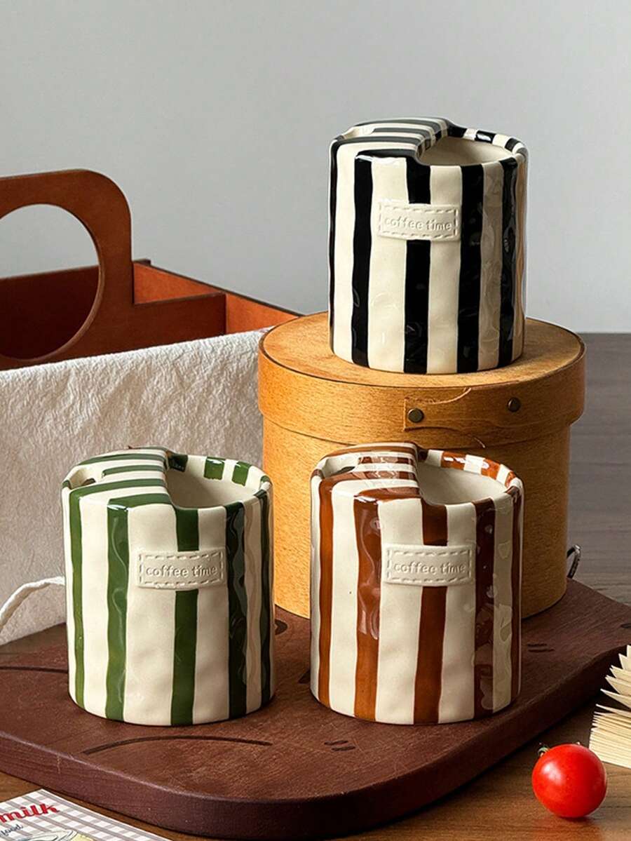 1pc Vertical Striped Ceramic Handled Coffee Mug, Asymmetric Shaped Ceramic Cup, Minimalist European Style, Handmade High Aesthetic Tea Cup, Coffee Mug, Multipurpose, Insulated, Suitable For Home, Restaurant, Cafe, Party And Gift - Multicolor - View 1