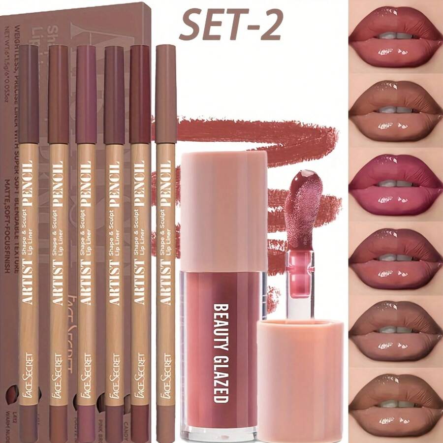 beauty glazed 7pcs/Set, Moisturizing Glossy Lip Glaze + 6pcs Lip Liner Set, Matte, Waterproof And Long-Lasting, No Smudge, Moisturizes Lips, Daily Makeup, Create A Perfect Lip Makeup - 唇線筆#裸粉色+B180#104 - 查看 1