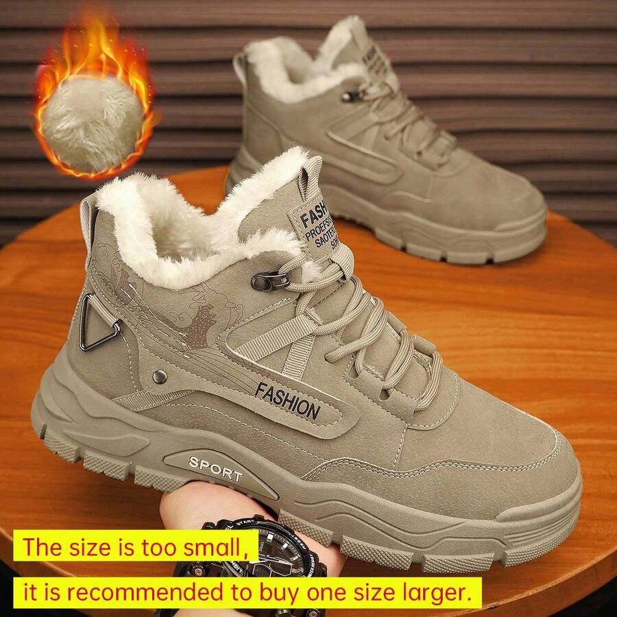 男士高帮休闲靴，时尚鞋履，工装靴，安全鞋，运动鞋，旅行鞋，圆头露趾靴，系带，毛绒内衬，金属鞋眼。建议选购大一码，因为尺码偏小。 - 卡其色 - 查看 1