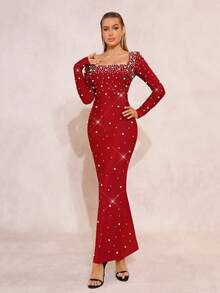 New Fashionable Bandage With High-End Texture, Heavy-Duty Hot Stamping Handmade Nail Beads Sexy Square Neck Gowns Formal Dinner Birthday Party Gowns - Burgundy - View 3