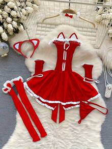 Sexy Lingerie, Sexy Sweet And Cool Cat Net Dress, Christmas Suit, Uniform, Stockings, Integrated Role-Playing, Women's Christmas Eve Bed, Passion And Stimulation, A Must-Have Sexy Suit For Warming Up - Đỏ - Xem 1