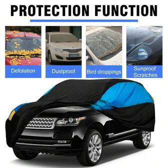Funda para coche a prueba de agua y viento para todo tipo de clima, adecuada para la mayoría de las condiciones climáticas, protección completa contra la lluvia, los rayos UV, los arañazos y el viento (negro y azul, apta para SUV)