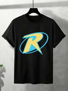 T-shirt noir pour homme avec logo R, matière premium, coupe décontractée, style hip-hop urbain, confortable, imprimé graphique unique - Noir - Voir 2