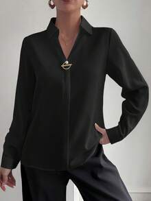 QIANZHIDU 女士经典白色商务衬衫，长袖，领口饰有圆环，常规版型，缎面质感，优雅白色长袖翻领衬衫，时尚圆环点缀，法式休闲纯色长袖衬衫，商务、面试、通勤、休闲、优雅 - 黑色 - 查看 7