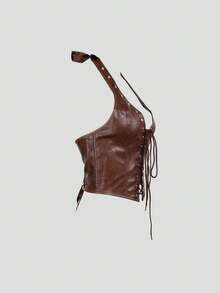 Women's Vintage Sexy Textured Floral PU Leather Perforated Lace-Up Front Deep V-Neck Body-Hugging Cropped Halter Top, Summer Vacation Outfit - 棕色 - 查看 2
