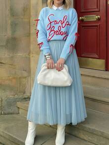 Pullover in Große Größen für Damen im koreanischen Stil, blau, Rundhalsausschnitt, Langarm, mit Buchstabenmuster und Schleifen-Dekoration, süß und lässiger Schul-Stil - Verschiedenfarbig - Übersicht 6