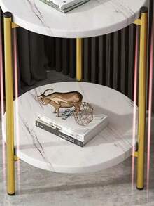 Mesa de centro Mesa auxiliar redonda con diseño de mármol, mesa auxiliar moderna y sencilla junto al sofá, soporte de almacenamiento de 2 niveles - Blanco - Ver 7